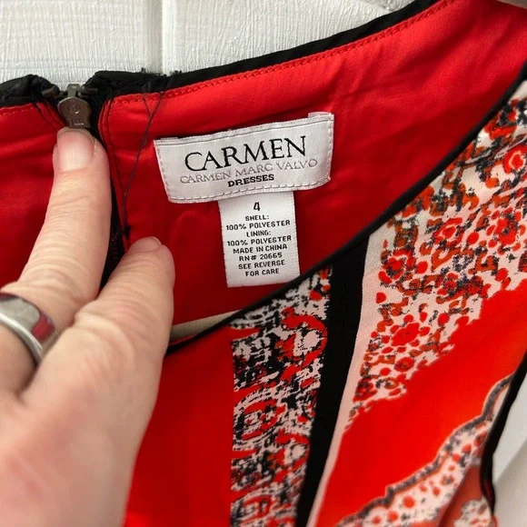 EUC Carmen Elegant Orange Patterned Sleeveless Dress, Lined with Zipper Back - Picture 10 of 12